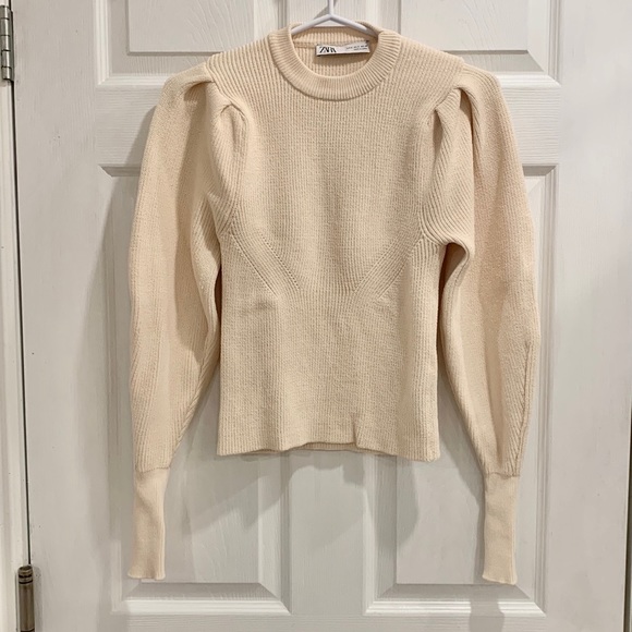 Zara Beige Balloon Sleeve Knit Crop Sweater - Picture 4 of 15